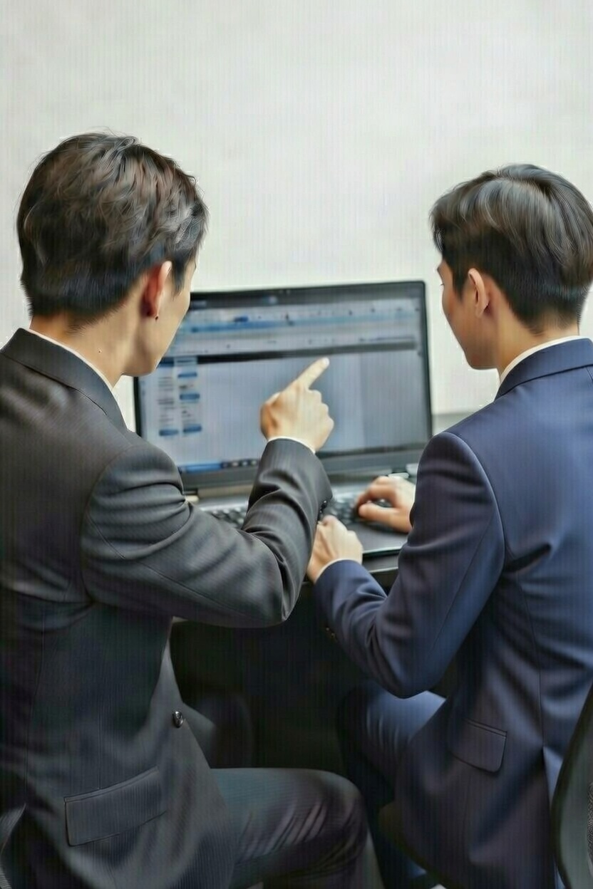 2年目の先輩が新人に教えてます。